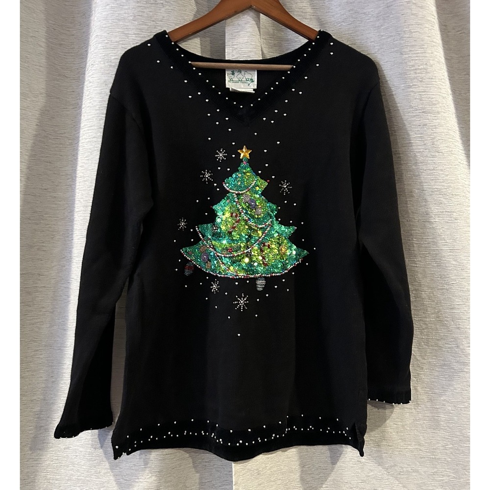 Quacker Factory Women's‎ Black Medium "UGLY" sweater with sequined Xmas tree VTG